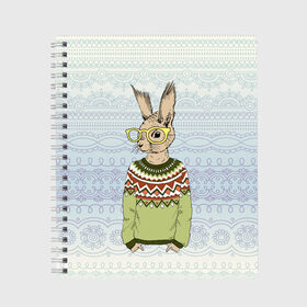 Тетрадь с принтом Кролик хипстер , 100% бумага | 48 листов, плотность листов — 60 г/м2, плотность картонной обложки — 250 г/м2. Листы скреплены сбоку удобной пружинной спиралью. Уголки страниц и обложки скругленные. Цвет линий — светло-серый
 | зима | кролик | новый год | подарок | рождество
