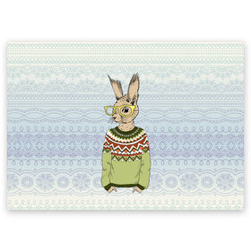 Поздравительная открытка с принтом Кролик хипстер , 100% бумага | плотность бумаги 280 г/м2, матовая, на обратной стороне линовка и место для марки
 | Тематика изображения на принте: зима | кролик | новый год | подарок | рождество