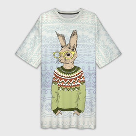 Платье-футболка 3D с принтом Кролик хипстер ,  |  | зима | кролик | новый год | подарок | рождество