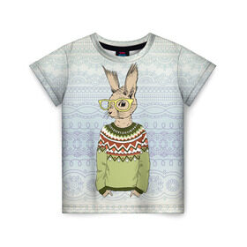 Детская футболка 3D с принтом Кролик хипстер , 100% гипоаллергенный полиэфир | прямой крой, круглый вырез горловины, длина до линии бедер, чуть спущенное плечо, ткань немного тянется | Тематика изображения на принте: зима | кролик | новый год | подарок | рождество