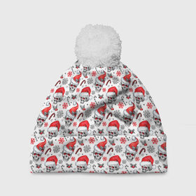 Шапка 3D c помпоном с принтом Skulls in Santa hat , 100% полиэстер | универсальный размер, печать по всей поверхности изделия | зима | новый год | подарок | рождество
