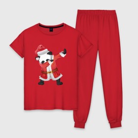 Женская пижама хлопок с принтом Панда Санта-Клаус , 100% хлопок | брюки и футболка прямого кроя, без карманов, на брюках мягкая резинка на поясе и по низу штанин | Тематика изображения на принте: зима | новый год | панда | подарок | рождество