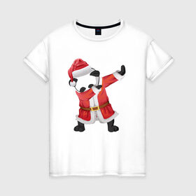 Женская футболка хлопок с принтом Панда Санта-Клаус , 100% хлопок | прямой крой, круглый вырез горловины, длина до линии бедер, слегка спущенное плечо | зима | новый год | панда | подарок | рождество