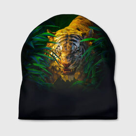 Шапка 3D с принтом Тигр в джунглях , 100% полиэстер | универсальный размер, печать по всей поверхности изделия | 