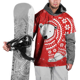 Накидка на куртку 3D с принтом Белый медведь в свитере , 100% полиэстер |  | red | snow | snowflakes | stars | sweater | white bear | winter | белый медведь | звезды | зима | красный | снег | снежинки