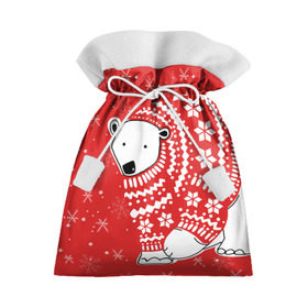 Подарочный 3D мешок с принтом Белый медведь в свитере , 100% полиэстер | Размер: 29*39 см | Тематика изображения на принте: red | snow | snowflakes | stars | sweater | white bear | winter | белый медведь | звезды | зима | красный | снег | снежинки