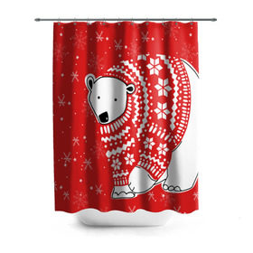 Штора 3D для ванной с принтом Белый медведь в свитере , 100% полиэстер | плотность материала — 100 г/м2. Стандартный размер — 146 см х 180 см. По верхнему краю — пластиковые люверсы для креплений. В комплекте 10 пластиковых колец | red | snow | snowflakes | stars | sweater | white bear | winter | белый медведь | звезды | зима | красный | снег | снежинки