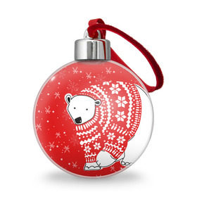 Ёлочный шар с принтом Белый медведь в свитере , Пластик | Диаметр: 77 мм | red | snow | snowflakes | stars | sweater | white bear | winter | белый медведь | звезды | зима | красный | снег | снежинки