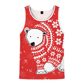 Мужская майка 3D с принтом Белый медведь в свитере , 100% полиэстер | круглая горловина, приталенный силуэт, длина до линии бедра. Пройма и горловина окантованы тонкой бейкой | red | snow | snowflakes | stars | sweater | white bear | winter | белый медведь | звезды | зима | красный | снег | снежинки