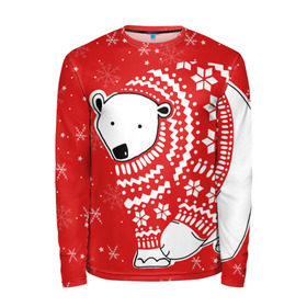 Мужской лонгслив 3D с принтом Белый медведь в свитере , 100% полиэстер | длинные рукава, круглый вырез горловины, полуприлегающий силуэт | red | snow | snowflakes | stars | sweater | white bear | winter | белый медведь | звезды | зима | красный | снег | снежинки