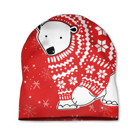 Шапка 3D с принтом Белый медведь в свитере , 100% полиэстер | универсальный размер, печать по всей поверхности изделия | red | snow | snowflakes | stars | sweater | white bear | winter | белый медведь | звезды | зима | красный | снег | снежинки