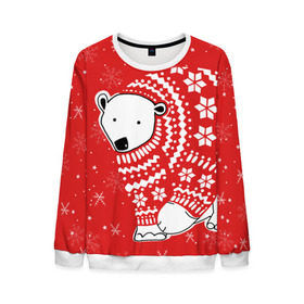 Мужской свитшот 3D с принтом Белый медведь в свитере , 100% полиэстер с мягким внутренним слоем | круглый вырез горловины, мягкая резинка на манжетах и поясе, свободная посадка по фигуре | red | snow | snowflakes | stars | sweater | white bear | winter | белый медведь | звезды | зима | красный | снег | снежинки