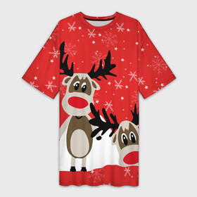 Платье-футболка 3D с принтом Олени ,  |  | Тематика изображения на принте: animals | background | deer | mountains | red | snow | snowflakes | stars | winter | горы | животные | звезды | зима | красный фон | олени | снег | снежинки