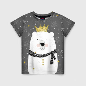 Детская футболка 3D с принтом Белый медведь в короне , 100% гипоаллергенный полиэфир | прямой крой, круглый вырез горловины, длина до линии бедер, чуть спущенное плечо, ткань немного тянется | animal | bear | crown | gold | mountains | scarf | snow | snowflakes | stars | white | winter | белый | горы | животные | звезды | зима | золотая | корона | медведь | снег | снежинки | шарф