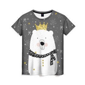 Женская футболка 3D с принтом Белый медведь в короне , 100% полиэфир ( синтетическое хлопкоподобное полотно) | прямой крой, круглый вырез горловины, длина до линии бедер | animal | bear | crown | gold | mountains | scarf | snow | snowflakes | stars | white | winter | белый | горы | животные | звезды | зима | золотая | корона | медведь | снег | снежинки | шарф