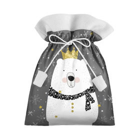 Подарочный 3D мешок с принтом Белый медведь в короне , 100% полиэстер | Размер: 29*39 см | Тематика изображения на принте: animal | bear | crown | gold | mountains | scarf | snow | snowflakes | stars | white | winter | белый | горы | животные | звезды | зима | золотая | корона | медведь | снег | снежинки | шарф