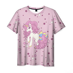 Мужская футболка 3D с принтом Единорог, , 100% полиэфир | прямой крой, круглый вырез горловины, длина до линии бедер | anime | bow | hair | horn | horse | pink | pony | star | unicorn | анимэ | бант | единорог | звезды | конь | кудри | лошадка | пони | рог | розовые