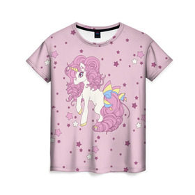Женская футболка 3D с принтом Единорог, , 100% полиэфир ( синтетическое хлопкоподобное полотно) | прямой крой, круглый вырез горловины, длина до линии бедер | anime | bow | hair | horn | horse | pink | pony | star | unicorn | анимэ | бант | единорог | звезды | конь | кудри | лошадка | пони | рог | розовые