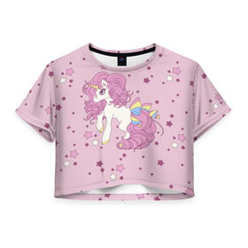 Женская футболка 3D укороченная с принтом Единорог, , 100% полиэстер | круглая горловина, длина футболки до линии талии, рукава с отворотами | anime | bow | hair | horn | horse | pink | pony | star | unicorn | анимэ | бант | единорог | звезды | конь | кудри | лошадка | пони | рог | розовые