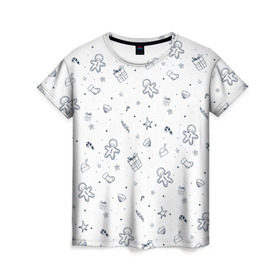 Женская футболка 3D с принтом Новогодние узоры , 100% полиэфир ( синтетическое хлопкоподобное полотно) | прямой крой, круглый вырез горловины, длина до линии бедер | зима | мороз | нг | новый год | подарок | рождество | снег | снеговик | снежинки