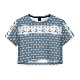 Женская футболка 3D укороченная с принтом Свитер с оленями , 100% полиэстер | круглая горловина, длина футболки до линии талии, рукава с отворотами | мороз | нг | новый год | олень | рождество | свитер | снег | снежинки