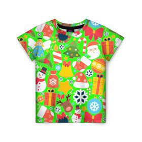 Детская футболка 3D с принтом Новогодняя текстура , 100% гипоаллергенный полиэфир | прямой крой, круглый вырез горловины, длина до линии бедер, чуть спущенное плечо, ткань немного тянется | елка | елочные игрушки | зима | подарки | снеговик