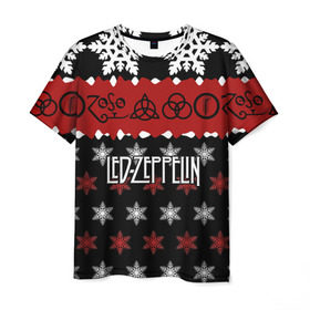 Мужская футболка 3D с принтом Праздничный Led Zeppelin , 100% полиэфир | прямой крой, круглый вырез горловины, длина до линии бедер | led zeppelin | блюз | группа | джимми пейдж | джон генри бонэм | джон пол джонс | знак | красный | лед зепелен | лед зеппелин | метал | надпись | новогодний | новый год | праздник | роберт плант | рождество