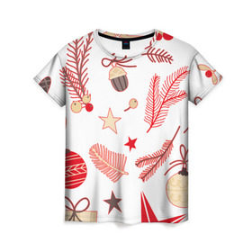 Женская футболка 3D с принтом Новогодняя текстура , 100% полиэфир ( синтетическое хлопкоподобное полотно) | прямой крой, круглый вырез горловины, длина до линии бедер | белый | елка | елочные игрушки | зима
