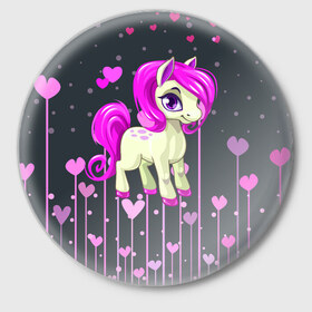 Значок с принтом Pony ,  металл | круглая форма, металлическая застежка в виде булавки | pink | poni | pony | лошадка | лошадь | пони | розовый
