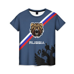 Женская футболка 3D с принтом Russia медведь , 100% полиэфир ( синтетическое хлопкоподобное полотно) | прямой крой, круглый вырез горловины, длина до линии бедер | russia | белый синий красный | герб | патриот | российская федерация | российский | россия | русский | рф | триколор | флаг
