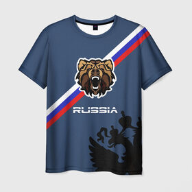 Мужская футболка 3D с принтом Russia медведь , 100% полиэфир | прямой крой, круглый вырез горловины, длина до линии бедер | russia | белый синий красный | герб | патриот | российская федерация | российский | россия | русский | рф | триколор | флаг