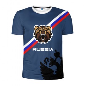 Мужская футболка 3D спортивная с принтом Russia медведь , 100% полиэстер с улучшенными характеристиками | приталенный силуэт, круглая горловина, широкие плечи, сужается к линии бедра | russia | белый синий красный | герб | патриот | российская федерация | российский | россия | русский | рф | триколор | флаг