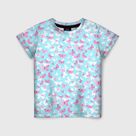 Детская футболка 3D с принтом Розовые бабочки 2 , 100% гипоаллергенный полиэфир | прямой крой, круглый вырез горловины, длина до линии бедер, чуть спущенное плечо, ткань немного тянется | Тематика изображения на принте: бабочка | лето | розовый | цветок