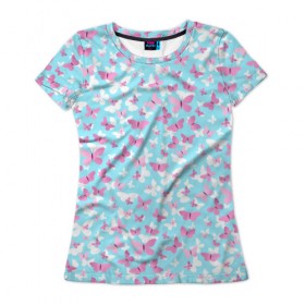 Женская футболка 3D с принтом Розовые бабочки 2 , 100% полиэфир ( синтетическое хлопкоподобное полотно) | прямой крой, круглый вырез горловины, длина до линии бедер | бабочка | лето | розовый | цветок