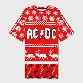 Платье-футболка 3D с принтом Праздничный AC DC ,  |  | ac dc | acdc |   снежинки | ангус янг | ас дс | асдс | крис слэйд | новогодний | новый год | рождество | стиви янг | эксл роуз