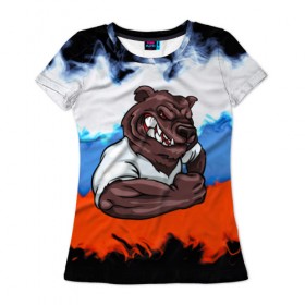 Женская футболка 3D с принтом Медведь , 100% полиэфир ( синтетическое хлопкоподобное полотно) | прямой крой, круглый вырез горловины, длина до линии бедер | abstraction | grunge | абстракция | краска | медведь | русский | триколор | я русский