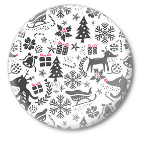 Значок с принтом Дуx рождества ,  металл | круглая форма, металлическая застежка в виде булавки | Тематика изображения на принте: год | елка | зима | колокольчик  | новый | олень | подарки | праздник | сани | снег | снежинки | узор