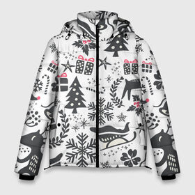 Мужская зимняя куртка 3D с принтом Дуx рождества , верх — 100% полиэстер; подкладка — 100% полиэстер; утеплитель — 100% полиэстер | длина ниже бедра, свободный силуэт Оверсайз. Есть воротник-стойка, отстегивающийся капюшон и ветрозащитная планка. 

Боковые карманы с листочкой на кнопках и внутренний карман на молнии. | год | елка | зима | колокольчик  | новый | олень | подарки | праздник | сани | снег | снежинки | узор
