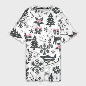 Платье-футболка 3D с принтом ДУХ РОЖДЕСТВА | MERRY CHRISTMAS ,  |  | год | елка | зима | колокольчик  | новый | олень | подарки | праздник | сани | снег | снежинки | узор