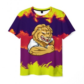 Мужская футболка 3D с принтом Сильный лев , 100% полиэфир | прямой крой, круглый вырез горловины, длина до линии бедер | 
