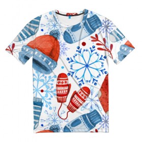 Мужская футболка 3D с принтом Праздника нам приходит , 100% полиэфир | прямой крой, круглый вырез горловины, длина до линии бедер | зима | новый год | носок | одежда | снег | узор | шапка