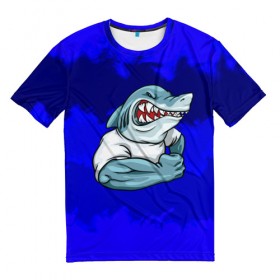 Мужская футболка 3D с принтом aggressive shark , 100% полиэфир | прямой крой, круглый вырез горловины, длина до линии бедер | абстракция | акула | краски | синий | темносиний