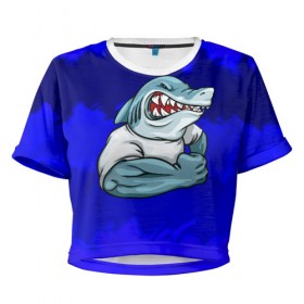 Женская футболка 3D укороченная с принтом aggressive shark , 100% полиэстер | круглая горловина, длина футболки до линии талии, рукава с отворотами | абстракция | акула | краски | синий | темносиний