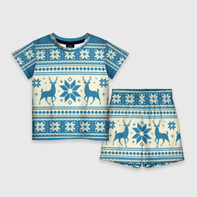 Детский костюм с шортами 3D с принтом Наш веселый Новый год ,  |  | Тематика изображения на принте: новый год | олень | свитер | снег | снежинки | узор