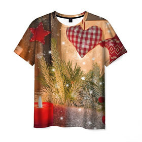 Мужская футболка 3D с принтом Новогодняя сказка , 100% полиэфир | прямой крой, круглый вырез горловины, длина до линии бедер | елка | мягкие игрушки | новый год снег | свеча | снежинки