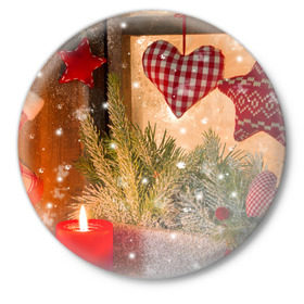Значок с принтом Новогодняя сказка ,  металл | круглая форма, металлическая застежка в виде булавки | Тематика изображения на принте: елка | мягкие игрушки | новый год снег | свеча | снежинки