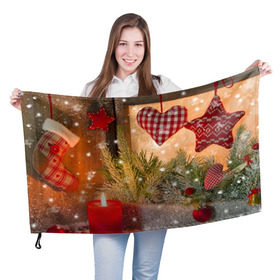 Флаг 3D с принтом Новогодняя сказка , 100% полиэстер | плотность ткани — 95 г/м2, размер — 67 х 109 см. Принт наносится с одной стороны | елка | мягкие игрушки | новый год снег | свеча | снежинки