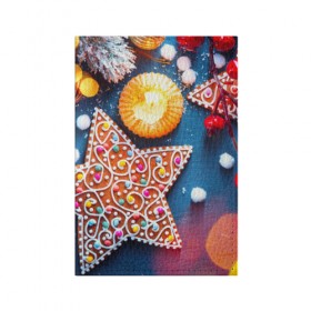 Обложка для паспорта матовая кожа с принтом Новогодняя фантазия , натуральная матовая кожа | размер 19,3 х 13,7 см; прозрачные пластиковые крепления | Тематика изображения на принте: новый год снег | пряники | сладость | снежинки