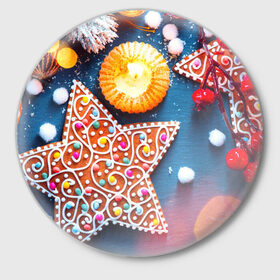 Значок с принтом Новогодняя фантазия ,  металл | круглая форма, металлическая застежка в виде булавки | Тематика изображения на принте: новый год снег | пряники | сладость | снежинки