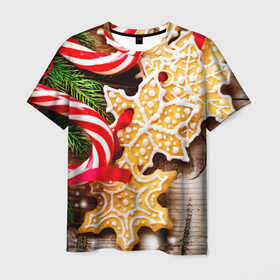 Мужская футболка 3D с принтом Однажды в Сочельник , 100% полиэфир | прямой крой, круглый вырез горловины, длина до линии бедер | елка | новый год снег | пряники | сладость | снежинки